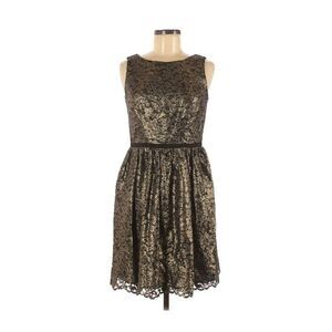Shoshanna Lace Floral Dress 8 Gold Black Metallic Sleeveless Scoop Neck